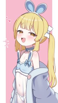 1girl absurdres animal_ears blonde_hair blush commentary_request fake_animal_ears flat_chest highres korean_commentary loli long_hair looking_at_viewer navel open_mouth original panties partial_commentary rabbit_ears smile solo twintails underwear zing_(z_z_zing)