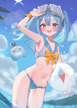 arahashi_tabi armpits ball beachball bikini blue_eyes blue_hair blue_panties blue_sailor_collar blue_sky breasts chik4ya cloud cloudy_sky collarbone commentary_request goggles hand_up highres korean_commentary leaf mountain navel ocean open_mouth orange_ribbon panties ribbon ribs sailor_bikini sailor_collar sky small_breasts stellive sunlight swimsuit twintails underwear virtual_youtuber wading water water_drop white_bikini wristband