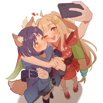 2girls ahoge animal_ear_fluff animal_ears arm_around_neck blue_hair blue_hoodie blush brown_hair cheek-to-cheek chou_kaguya-hime! closed_mouth clothing_cutout commentary_request crescent crescent_hair_ornament dress fang green_eyes grey_skirt hair_ornament heads_together heart hood hood_down hoodie kaguya_(chou_kaguya-hime!) long_sleeves milktea_(gggrrr2000) multiple_girls open_mouth red_dress red_shoes sakayori_iroha selfie shoes short_hair shoulder_cutout simple_background skirt teeth two_side_up upper_teeth_only white_background yuri