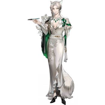 1girl animal_ears arknights arm_behind_back asymmetrical_hair banban_(vvvviiiiiia) black_shoes blonde_hair breasts cat_ears cat_girl cat_tail center_opening cleavage dress duke_of_caster_(arknights) full_body hand_up holding holding_smoking_pipe jewelry lapels long_dress looking_at_viewer monocle necklace official_art old old_woman peaked_lapels shoes short_hair side_cape smile smoking_pipe solo tail third-party_source transparent_background white_dress