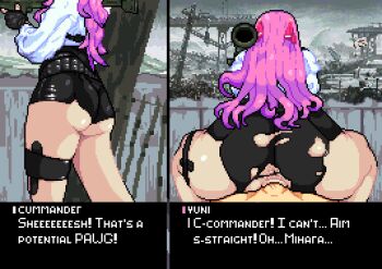 1boy 1girl anus ass baldur_89 black_gloves black_shorts breasts commander_(nikke) fingerless_gloves from_behind gloves goddess_of_victory:_nikke hair_ribbon hetero holding holding_weapon huge_ass long_hair outdoors pink_hair pink_ribbon pixel_art ribbon rocket_launcher sex shirt shirt_tucked_in shorts small_breasts torn_clothes twintails vaginal weapon white_shirt yuni_(nikke)
