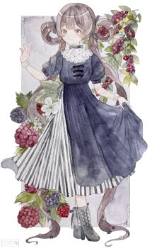 Rule 34 | 1girl, aoyagi874, artist name, bib collar, blackberry (fruit), blush, boots, bow, brown eyes, brown hair, choker, commentary, currant, double-parted bangs, dress, flower, food, fruit, full body, hair bow, hair rings, highres, lace, lace-up boots, long dress, long hair, looking at viewer, muted color, original, painting (medium), pale skin, plant, pleated skirt, puffy short sleeves, puffy sleeves, raspberry, ribbon, short sleeves, simple background, skirt, solo, standing, striped clothes, striped skirt, traditional media, twintails, very long hair, vines, watercolor (medium), watermark, white background, white flower