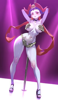 1girl absurdres armpits breasts chocker cleavage colored_skin convenient_censoring covering_breasts covering_privates curvy earrings feet frown full_body hands_behind_own_head hat high_heels highres jewelry large_breasts life_is_pi navel pirate_hat pole pole_dancing purple_hair purple_skin red_eyes risky_boots shantae_(series) simple_background skeletal_arm skeletal_hand spotlight stage stage_lights variant_set violet_background wayforward wide_hips