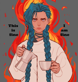 Rule 34 | 1girl, arcane: league of legends, arcane jinx, babu (babushkahihi), bags under eyes, black choker, blue eyes, blue hair, braid, choker, closed mouth, crying, cup, english text, fiery background, fire, grey background, highres, holding, holding cup, holding teapot, jinx (league of legends), league of legends, long hair, looking at viewer, solo, spilling, sweater, teapot, tears, twin braids, twitter username, upper body, white sweater