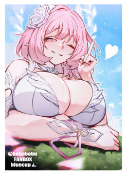 1girl alternate_breast_size_(larger) arms_under_breasts artist_name bare_shoulders blue_sky bluecup breasts commentary cyrene_(demiurge)_(honkai:_star_rail) cyrene_(honkai:_star_rail) day flower hair_flower hair_ornament halo halo_behind_head heart highres honkai:_star_rail honkai_(series) index_finger_raised large_breasts long_hair one_eye_closed parted_lips pink_eyes pink_hair pointy_ears sidelocks sky smile solo twitter_username