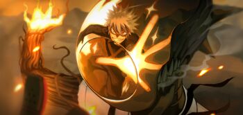 1boy 1girl absurdres bakugou_katsuki black_bodysuit black_gloves black_ribbon bodysuit boku_no_hero_academia bomb_devil_(chainsaw_man) chainsaw_man crossover easterhands elbow_gloves gloves grey_hair highres imminent_explosion incoming_attack object_head reflection ribbon smoke spiked_hair teeth