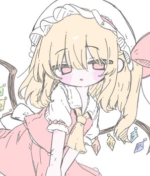 Rule 34 | 1girl, :o, ascot, blonde hair, blush stickers, commentary request, crystal, crystal wings, flandre scarlet, hat, hat ribbon, highres, izumi (yura izumi), medium hair, mob cap, multicolored wings, one side up, open mouth, red eyes, red ribbon, red skirt, red vest, ribbon, shirt, short sleeves, simple background, skirt, solo, touhou, upper body, v arms, vest, white background, white shirt, wings, yellow ascot