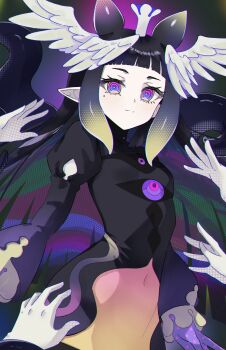 Rule 34 | 1girl, absurdres, black dress, black hair, blunt bangs, commentary, crown, dress, english commentary, feathered wings, gradient hair, head wings, highres, hololive, hololive english, long hair, long sleeves, looking at viewer, magui3, multicolored hair, ninomae ina'nis, open mouth, puffy sleeves, purple eyes, purple hair, sidelocks, smile, tako takover (ninomae ina'nis), tentacle hair, very long hair, virtual youtuber, white wings, wings