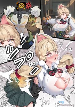 absurdres accessories alice_thymefield alternate_breast_size_(larger) angry animal_ears bad_tag bent_over braid braided_twintails breast_expansion breasts bursting_breasts chest_bow flying_button hair_ornament heterochromia highres hollow_thug_(zenless_zone_zero) hollow_thug_bulky_enforcer_(zenless_zone_zero) hollow_thug_raider_(zenless_zone_zero) kakuseikakusei large_breasts pantyhose popped_button rabbit_ears rabbit_girl revenge sphere_hair_ornament thiren torn_clothes torn_pantyhose wardrobe_malfunction zenless_zone_zero