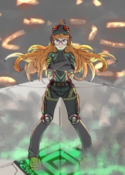 1girl ahoge antenna_hair black_pants black_shirt blunt_bangs boots collarbone crossed_arms elbow_pads floating_hair glasses gloves glowing goggles goggles_on_head green_footwear gunbuster_pose highres knee_armor looking_at_viewer multicolored_gloves necronomicon_(persona_5) oracle_(persona_5) orange_hair pants persona persona_5 poechan_chan purple_eyes red-tinted_eyewear sakura_futaba shirt skin_tight smile spacecraft tinted_eyewear