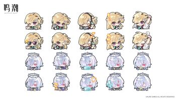 2girls blonde_hair chinese_commentary colored_eyelashes commentary_request earrings hair_intakes hair_ornament hair_over_one_eye halo headphones headphones_around_neck highres holographic_interface jewelry logo looking_at_viewer lynae_(wuthering_waves) mornye_(wuthering_waves) multiple_girls one_eye_closed purple_eyes red_eyes saucer_(saucer752) smile star_(symbol) star_earrings sticker_sheet_(medium) wuthering_waves