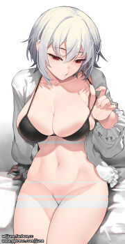 1girl :o artist_name bed_sheet bikini bikini_top_only black_bikini blush bottomless breasts cleavage collarbone cowboy_shot frilled_shirt frilled_sleeves frills glitch grey_hair grey_shirt highres jjune large_breasts long_sleeves on_bed open_clothes open_shirt original parted_lips red_eyes shirt short_hair simple_background sitting skindentation solo strap_lift swimsuit watermark web_address white_background