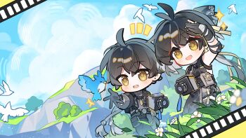 1boy 1girl ahoge antenna_hair bandaged_hand bandages bird black_bow black_dress black_gloves black_hair black_jacket black_pants blue_sky bow camera chibi chibi_only day dress dual_persona elbow_pads female_rover_(wuthering_waves) gloves hair_bow hand_up highres holding holding_camera jacket logo looking_at_viewer male_rover_(wuthering_waves) official_art open_mouth outdoors pants rover_(wuthering_waves) saucer_(saucer752) short_hair sky smile wuthering_waves yellow_eyes