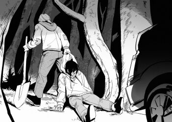 Rule 34 | 2boys, boyfriend to death, car, character request, check character, clothes grab, commentary, dragging, dutch angle, english commentary, forest, full body, greyscale, headlight beam, holding, holding shovel, lawrence oleander, low ponytail, male focus, monochrome, motor vehicle, multiple boys, nature, ponytail, shovel, soureeeee, spotlight, tree, unconscious, walking