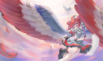 1girl absurdres ahoge angel_wings black_boots boots bow buttons commentary double-breasted drill_hair english_commentary feathered_wings feathers flapping frilled_skirt frills grey_jacket grey_skirt grey_sleeves grey_wings hair_between_eyes hair_ornament hair_ribbon highres hoot_(00hoot) jacket kasane_teto kasane_teto_(sv) long_sleeves looking_at_viewer midriff open_mouth outstretched_arm red_eyes red_hair red_nails red_trim red_wings ribbon shoulder_belt shoulder_boards skirt sleeve_cuffs solo striped_clothes striped_jacket striped_skirt synthesizer_v teeth twin_drills upper_teeth_only white_bow white_ribbon white_wings wings