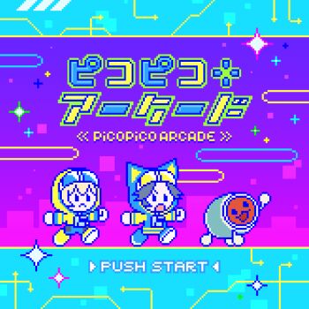 2girls abstract_background animal_ear_hood animal_ears bandai_namco black_hair blonde_hair blue-tinted_eyewear blue_eyes blue_hood blue_shoes blue_shorts cat_ears chibi chibi_only clenched_hand closed_mouth commentary_request drum eyewear_on_head fake_animal_ears frown full_body fundoshi gradient_background headphones headphones_around_neck highres hood hood_up hooded_jacket hooded_shrug humanization instrument jacket japanese_clothes multiple_girls narume neko_(taiko_no_tatsujin) neko_(wadiverse)_(taiko_no_tatsujin) official_art open_mouth pixel_art second-party_source shaxy_(taiko_no_tatsujin) shaxy_(wadiverse)_(taiko_no_tatsujin) shoes shorts shrug_(clothing) simple_background song_name sparkle start_menu sunglasses taiko_drum taiko_no_tatsujin tinted_eyewear wada_don yellow-tinted_eyewear yellow_hood yellow_shoes yellow_shrug yellow_sleeves