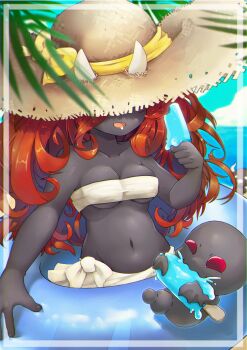 1girl :3 absurdres bare_shoulders beach bikini bikini_skirt black_skin black_wings blank_eyes blue_sky blurry blurry_background blurry_foreground border bow breasts brown_headwear chromatic_aberration cloud collarbone colored_skin covered_eyes cowboy_shot curly_hair day demon demon_girl drooling eating female_focus food food_bite half-closed_eyes hand_up happy hat hat_bow hat_ribbon highres holding holding_food horns horns_through_headwear incubus_(the_binding_of_isaac) innertube lil_brimstone_(the_binding_of_isaac) lilith_(the_binding_of_isaac) long_hair medium_breasts navel ocean open_mouth outdoors outside_border popsicle red_eyes red_hair ribbon saliva sidelocks skindentation sky smile solo_focus standing stomach strapless strapless_bikini straw_hat sun_hat swim_ring swimsuit the_binding_of_isaac torn_clothes torn_hat transparent underboob water white_bikini white_border white_eyes white_horns wings yellow_bow yellow_ribbon yellowparrot