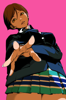 1girl blazer blue_jacket breasts brown_eyes brown_hair commentary_request from_below head_tilt highres jacket karukozaka_high_school_uniform looking_at_viewer looking_down macossa medium_breasts parted_lips pink_background pleated_skirt reaching reaching_towards_viewer school_uniform shin_megami_tensei shin_megami_tensei:_if... short_hair simple_background skirt solo striped_clothes striped_skirt uchida_tamaki