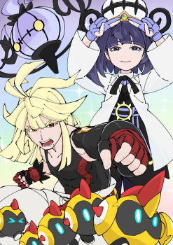 1boy 1girl absurdres black_dress black_shirt blonde_hair brother_and_sister brown_eyes chandelure closed_mouth coat commentary_request dress eyelashes falinks fingerless_gloves gen_5_pokemon gen_8_pokemon gloves gwynn_(pokemon) hat highres ivor_(pokemon) long_hair long_sleeves mole mole_under_mouth nintendo open_mouth pants partially_fingerless_gloves pokemon pokemon_(creature) pokemon_legends:_z-a shirt siblings sleeveless sleeveless_shirt smile sparkle teeth user_macu7727 white_pants