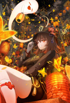 Rule 34 | 1girl, bead bracelet, beads, bell, black hat, black nails, black shorts, blush, boo tao (genshin impact), bracelet, breasts, brown hair, bug, butterfly, commentary request, flower, flower-shaped pupils, genshin impact, ghost, hair between eyes, hat, hat flower, hat tassel, highres, holding, holding lantern, hu tao (genshin impact), insect, jewelry, lantern, long hair, long sleeves, looking at viewer, one eye closed, open mouth, paper lantern, plum blossoms, porkpie hat, red eyes, ring, shorts, small breasts, smile, solo, symbol-shaped pupils, tailcoat, thighs, thumb ring, twintails, very long hair, yatsu (yatsu a yatsu)