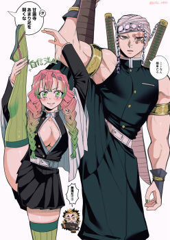 >:) 1girl 2boys arm_up armlet belt black_pants black_shirt black_skirt blush braid breasts choppy_bangs cleavage commentary_request cowboy_shot demon_slayer_uniform facial_mark forehead_protector gold_armlet gradient_hair green_eyes green_hair green_thighhighs haori height_difference highres holding_own_leg japanese_clothes jewelry kanroji_mitsuri kimetsu_no_yaiba large_breasts leg_up long_hair long_sleeves looking_at_viewer mole mole_under_each_eye mole_under_eye multicolored_hair multiple_boys multiple_moles muscular muscular_male open_mouth pants partially_unbuttoned pink_eyes pink_hair rengoku_kyoujurou sandals shirt short_hair simple_background skirt sleeveless sleeveless_shirt smile speech_bubble split standing standing_on_one_leg standing_split striped_clothes striped_thighhighs sword sword_on_back thighhighs translation_request twin_braids twitter_username two-tone_hair unamused uzui_tengen v-shaped_eyebrows veins veiny_arms vertical-striped_clothes vertical-striped_thighhighs weapon weapon_on_back white_background white_belt white_hair yofu_(0042_2400) zettai_ryouiki