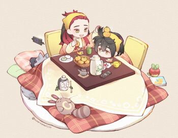 1boy 1girl applin black_hair brother_and_sister carmine_(pokemon) closed_eyes commentary_request controller cup dragonite food fruit gen_1_pokemon gen_2_pokemon gen_3_pokemon gen_4_pokemon gen_8_pokemon hairband kieran_(pokemon) kotatsu long_sleeves mmmmmarilll mole mole_under_eye multicolored_hair nintendo open_mouth orange_(fruit) orange_peel plate pokemon pokemon_(creature) pokemon_sv poltchageist poochyena purple_hair red_hair remote_control rotom rotom_phone sentret siblings simple_background sitting table teapot twitter_username yellow_eyes yellow_hairband