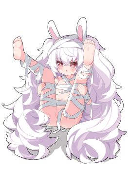 1girl absurdres animal_ears azur_lane bandages barefoot commentary commission flat_chest highres laffey_(azur_lane) legs_up loli long_hair mummy_costume naked_bandage pixiv_commission rabbit_ears red_eyes shirousagi_(user_erwx7425) simple_background soles solo toes twintails very_long_hair white_background white_hair