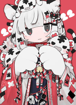 1girl 2022 :3 absurdres animal_ear_fluff animal_ears animal_hands bell black_eyes black_hair blunt_bangs chinese_zodiac collar commentary dress expressionless fur_trim hair_ornament highres jingle_bell long_sleeves mittens multicolored_dress multicolored_hair nukunuku_nigirimeshi original red_background red_collar solo stuffed_animal stuffed_toy tail tiger tiger_ears tiger_girl tiger_hair_ornament tiger_paws tiger_stripes tiger_tail two-tone_hair white_hair wide_sleeves x_hair_ornament year_of_the_tiger