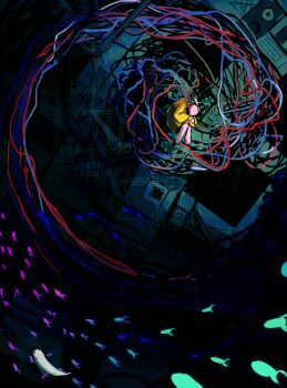 1other absurdres bent_back cable commentary creature english_commentary five_pebbles highres humanoid_robot iterator_(rain_world) melange midair neuron_fly_(rain_world) rain_world robe robot robot_ears slugcat survivor_(rain_world) yellow_robe