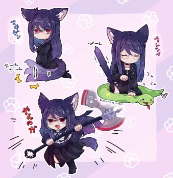 1girl animal_ears axe battle_axe black_choker black_dress black_jacket black_sailor_collar black_serafuku black_skirt charging_forward choker closed_eyes dog_ears dog_girl dog_tail dress fang glasses highres holding holding_axe holding_weapon jacket kedamamax kemonomimi_mode last_defense_academy_school_uniform long_hair multiple_views neckerchief no_mouth paw_print pleated_skirt purple_background purple_hair red_eyes sailor_collar school_uniform serafuku shizuhara_hiruko skin_fang skirt snake stuffed_animal stuffed_toy tail tail_wagging the_hundred_line_-last_defense_academy- weapon white_neckerchief