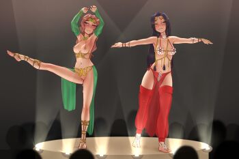 2girls arabian_clothes armpits arms_up barefoot barefoot_sandals_(jewelry) bikini bikini_top_only black_hair blush breasts brown_hair cleft_of_venus code_geass collar crotchless dancing detached_sleeves embarrassed feet full_body green_eyes half-closed_eyes harem_outfit highres legs long_hair medium_breasts multiple_girls navel nipple_piercing nippleless_clothes nipples nunnally_vi_britannia piercing pudgeruffian purple_eyes pussy pussy_juice smile soles stage stage_lights standing standing_on_one_leg sumeragi_kaguya sweat swimsuit tiara uncensored