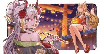 2girls animal_costume animal_ears bat_(animal) black_horns blonde_hair blue_eyes border cinderella_series closed_mouth detached_sleeves fake_horns flower fox_costume fox_ears fox_tail geta hachigatsu_no_cinderella_nine hair_flower hair_ornament hair_up halloween halloween_costume hanako_(akatsuki) holding holding_smoking_pipe horns jack-o'-lantern japanese_clothes kamabe_chiaki kimono kusakari_rena lantern looking_at_viewer multiple_girls night non-web_source obi official_alternate_hairstyle official_art on_roof outdoors outside_border platform_clogs print_kimono red_flower red_rose rose sash shrine sitting sitting_on_roof sky sleeveless sleeveless_kimono smoking_pipe tail torii white_border white_hair