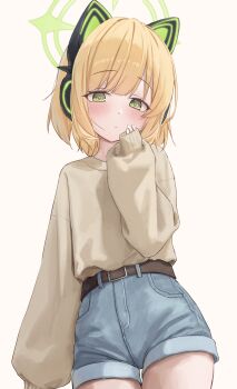 1girl absurdres alternate_costume alternate_hairstyle animal_ear_headphones animal_ears arm_at_side belt blonde_hair blue_archive blunt_bangs blush brown_belt casual cat_ear_headphones cat_ears closed_mouth commentary cowboy_shot denim denim_shorts eyelashes fake_animal_ears frown green_eyes green_halo green_pupils hair_down halo hand_up headphones highres looking_at_viewer medium_hair midori_(blue_archive) puffy_sleeves shorts simple_background sleeves_past_wrists solo springrain_06 sweater thigh_gap white_background yellow_sweater