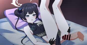 1boy 1girl :o absurdres anime_coloring armpit_crease artist_name bar_censor bare_arms bare_legs bare_shoulders bed bed_sheet black_dress black_gloves black_hair blue_archive blush braid braided_bun breasts butterfly_hair_ornament censored center-flap_bangs china_dress chinese_clothes clothed_sex clothes_between_thighs clothing_aside disembodied_penis double-parted_bangs double_bun dragon_print dress dress_aside emotionless_sex expressionless flower_knot folded gloves grey_eyes hair_bun hair_ornament halo hands_on_own_ass head_on_pillow hetero highleg highleg_dress highres imminent_anal imminent_penetration kisaki_(blue_archive) large_variant_set legs_up loli long_hair looking_at_penis looking_down lying mandarin_collar no_panties nude on_bed on_pillow on_side pankou parted_lips pelvic_curtain penis pillow print_dress pussy pussy_peek satou_yuzuki side_slit signature sleeveless sleeveless_dress small_breasts solo_focus testicles thighs variant_set white_halo