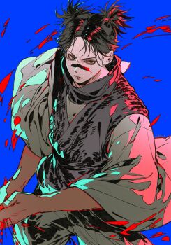 1boy black_hair blood blue_background choso_(jujutsu_kaisen) closed_mouth commentary cowboy_shot facial_mark frown highres ikaooi1 jujutsu_kaisen looking_to_the_side male_focus parted_hair sideways_glance solo symbol-only_commentary twintails wide_sleeves