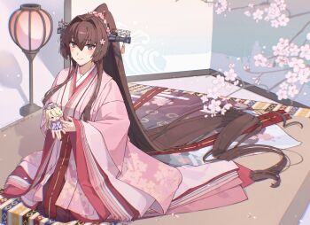 Rule 34 | 1girl, absurdly long hair, brown hair, cherry blossoms, commentary request, floral print, floral print kimono, flower, hair between eyes, hair flower, hair intakes, hair ornament, headgear, highres, himeyamato, japanese clothes, kantai collection, kimono, layered kimono, long hair, pink kimono, ponytail, print kimono, red eyes, seiza, sidelocks, sitting, smile, solo, very long hair, wide sleeves, yamato (kancolle)