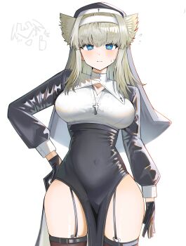 1girl 1other absurdres animal_ears arknights arknights:_endfield bird_ears bird_girl black_gloves blonde_hair blue_eyes blush breasts clothing_request commentary_request cross cross_necklace dress endministrator_(arknights) flying_sweatdrops gloves highres jewelry long_hair looking_at_viewer necklace perlica_(arknights) simple_background solo_focus spam_(spamham4506) sweat white_background