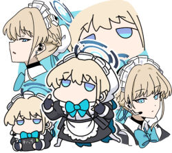 1girl apron black_gloves blonde_hair blue_archive blue_background blue_bow blue_eyes bow chibi closed_mouth commentary_request fingerless_gloves gloves hair_between_eyes halo headset holding juliet_sleeves long_sleeves lowres maid maid_apron maid_headdress multiple_views nintendo_switch nyaru_(nyaru_4126) parted_lips profile puffy_sleeves toki_(blue_archive) two-tone_background white_apron white_background