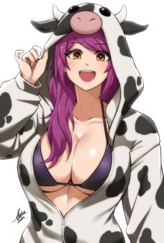 1girl absurdres adjusting_hood airisubaka animal_print bikini bikini_under_clothes breasts brown_eyes cleavage collarbone cow_hood cow_print fake_horns hair_over_shoulder highres hood hoodie horns large_breasts leah_(airisubaka) long_hair long_sleeves looking_at_viewer open_mouth original partially_unzipped purple_hair signature simple_background smile solo swept_bangs swimsuit underboob upper_body white_background