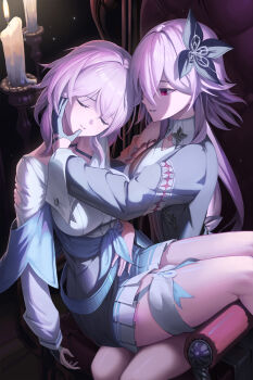 2girls absurdres bowlp breasts candle choker closed_eyes commentary couch dress dual_persona evernight_(honkai:_star_rail) flower gloves hair_flower hair_ornament highres honkai:_star_rail honkai_(series) long_hair march_7th_(honkai:_star_rail) march_7th_(preservation)_(honkai:_star_rail) medium_breasts multiple_girls off_shoulder on_lap pink_hair pleated_skirt red_eyes shirt sitting skirt thigh_strap thighs