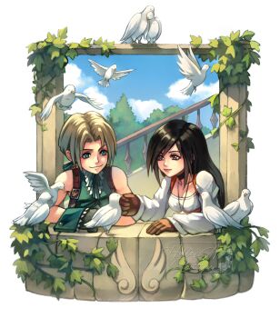 Rule 34 | 1boy, 1girl, artist name, balcony, bare shoulders, bird, black choker, black hair, blonde hair, blue eyes, blue ribbon, border, breasts, brown eyes, brown gloves, choker, closed mouth, couple, cropped vest, final fantasy, final fantasy ix, garnet til alexandros xvii, gloves, green vest, green wrist cuffs, grey gloves, hair ribbon, hetero, highres, hollypolllyy, jewelry, light smile, long sleeves, looking at another, medium breasts, neck ribbon, nomura tetsuya (style), parted bangs, pendant, ribbon, shirt, upper body, vest, white bird, white border, white shirt, wrist cuffs, zidane tribal