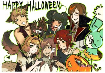 Rule 34 | 3boys, 3girls, animal ears, anise tatlin, bandaged neck, bandages, black coat, black dress, black hair, black shirt, blonde hair, brown choker, brown hair, brown hairband, candy, cat ears, choker, coat, commentary, creature, demon horns, demon tail, dress, english commentary, fang, fangs, food, glasses, green eyes, guy cecil, hairband, halloween, halloween bucket, halloween costume, happy halloween, highres, horns, jade curtiss, long hair, luke fon fabre, mieu (tales), multiple boys, multiple girls, natalia luzu kimlasca lanvaldear, open mouth, pointy ears, red hair, shaded face, shirt, short hair, stitched face, stitches, sweatdrop, tail, tales of (series), tales of the abyss, tear grants, twintails, upper body, vampire, white shirt, wolf ears, wolf tail, ybee (auecoe y)