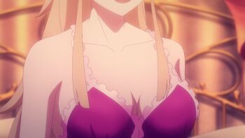 1boy 1girl animated anime_screenshot armpits babydoll babydoll_pull bed black_hair blonde_hair blue_eyes blush breasts cape cleavage collarbone hands_on_own_chest highres jewelry kekkon_yubiwa_monogatari large_breasts lips long_hair looking_at_viewer navel nipples nonaka_himeno on_bed open_mouth panties pants pink_babydoll pink_panties ring satou_haruto school_uniform shirt sidelocks smile sound tagme thighs topless_female underwear undressing video wedding_ring white_shirt wide_hips