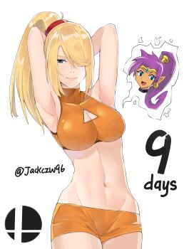 2girls :d armpits arms_behind_head arms_up bare_arms bare_legs bare_shoulders black_choker blonde_hair blue_eyes blue_gem blush bra breasts choker cleavage cleavage_cutout closed_mouth clothing_cutout dark-skinned_female dark_skin earrings female_focus gem hair_over_one_eye happy high_ponytail highres hoop_earrings j@ck jewelry large_breasts legs lips long_hair looking_at_viewer metroid midriff mole mole_under_mouth multiple_girls navel nintendo open_mouth orange_shorts pointy_ears ponytail purple_hair revealing_clothes samus_aran shantae shantae:_half-genie_hero shantae_(series) shantae_and_the_pirate's_curse short_shorts shorts simple_background sleeveless sleeveless_turtleneck smile speech_bubble super_smash_bros. thought_bubble tiara turtleneck twitter_username underwear white_background