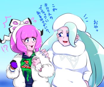 Rule 34 | 2girls, blue eyes, bow, breasts, commentary request, drill hair, drill sidelocks, dynamax band, earrings, eyeshadow, flipped hair, fur collar, fur hat, fur jacket, hair bow, hairband, hand on another's shoulder, hand on own hip, hat, jacket, jewelry, klara (pokemon), long hair, makeup, mature female, melony (pokemon), mole, mole under mouth, multicolored hair, multiple girls, nintendo, open mouth, pearl earrings, pink eyeshadow, pink hair, pink lips, pokemon, pokemon swsh, print shirt, purple eyes, shirt, short hair, sidelocks, smile, streaked hair, sucm7547, sweatdrop, sweater, translation request, two-tone shirt, ushanka, white bow, white hairband, white hat, white sweater, wide-eyed