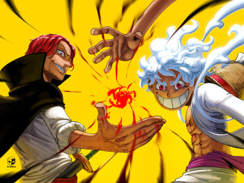 2boys abs borudbrian cape energy hat highres meme monkey_d._luffy multiple_boys muscular muscular_male one_piece open_mouth scar shanks_(one_piece) smile straw_hat teeth veins white_hair yellow_background