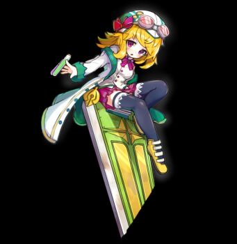 1girl :o alumina_(merc_storia) black_background black_thighhighs blonde_hair blush bow bowtie breasts coat door full_body goggles goggles_on_head hat highres large_breasts long_hair long_sleeves merc_storia merc_storia_art_team miniskirt official_art open_clothes open_coat open_hand outstretched_arm pleated_skirt purple_bow purple_eyes purple_skirt shoes sidelocks simple_background sitting skirt solo tachi-e test_tube thighhighs v-shaped_eyebrows vest white_coat white_hat white_vest yellow_shoes