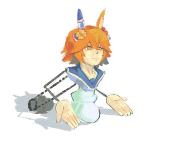 +_+ 1girl animal_ears cewid clover_hair_ornament daruma_doll daruma_doll_hair_ornament ear_covers flipped_hair four-leaf_clover_hair_ornament good_fortune_symbol hair_between_eyes hair_ornament highres horse_ears horse_girl khaby_lame_mechanism matikanefukukitaru_(umamusume) orange_hair school_uniform short_hair single_ear_cover solo star-shaped_pupils star_(symbol) symbol-shaped_pupils umamusume