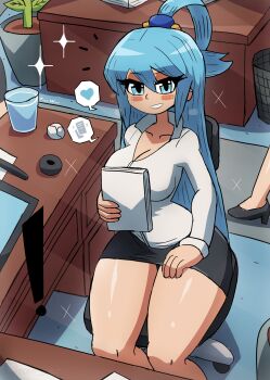 ! 1girl absurdres aqua_(konosuba) black_shoes black_skirt blue_eyes blue_hair blush breasts chair cleavage collarbone crumpled_paper cup desk drink drinking_glass grin hair_bobbles hair_ornament hair_rings hand_on_own_thigh heart high_heels highres holding kono_subarashii_sekai_ni_shukufuku_wo! large_breasts long_hair long_sleeves looking_at_viewer office_chair office_lady paper paper_stack pen pencil_skirt plant potted_plant shirt shoes sitting skirt smile sparkle speech_bubble spoken_heart spoken_paper swivel_chair teeth thick_thighs thighs tony_welt water white_shirt wide_hips