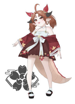 1girl absurdres ahoge azur_lane bare_shoulders black_footwear black_horns braid dragon_girl dragon_horns dragon_tail full_body hair_ribbon hair_rings highres horns japanese_clothes jo_yaong korean_commentary looking_at_viewer medium_hair natori_(azur_lane) open_mouth orange_hair parted_bangs pleated_skirt pointy_ears red_eyes red_hair red_ribbon red_skirt ribbon sakura_empire_(emblem) sakuramon simple_background skirt smile socks solo tail white_background white_socks